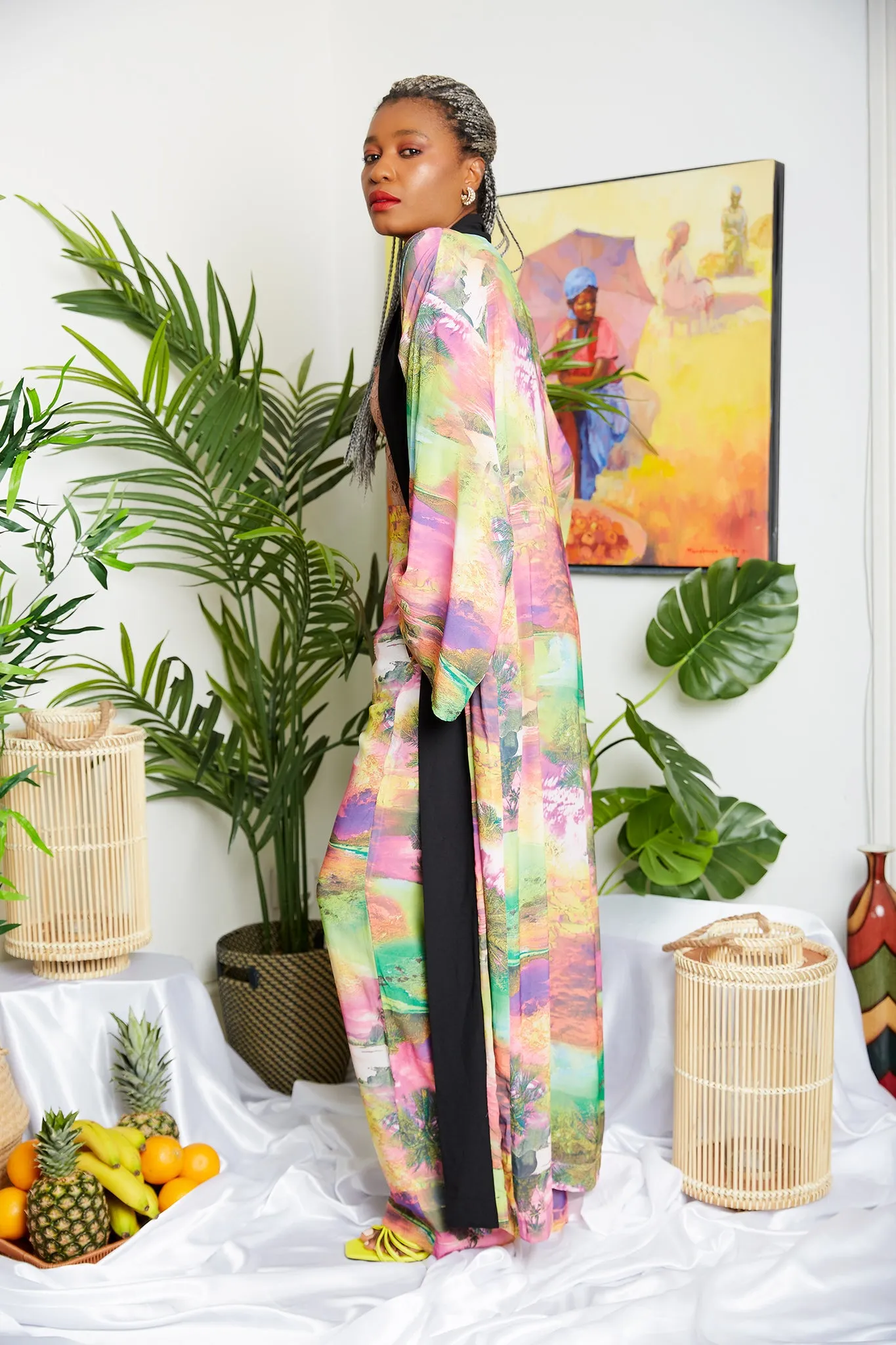 Tropical Mixed Pink Soft Crepe Print Kimono  (Trouser sold Separately)- Zamzam