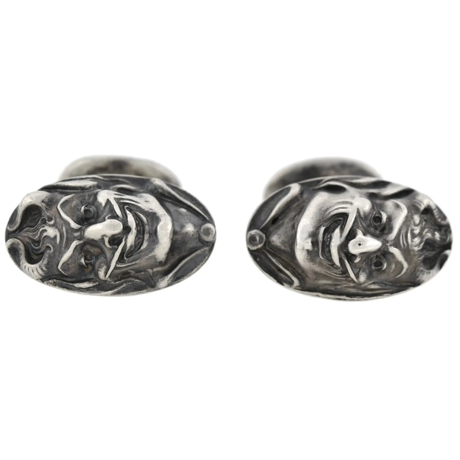 UNGER BROS. Art Nouveau Sterling Repousse Devil Face Figural Cufflinks