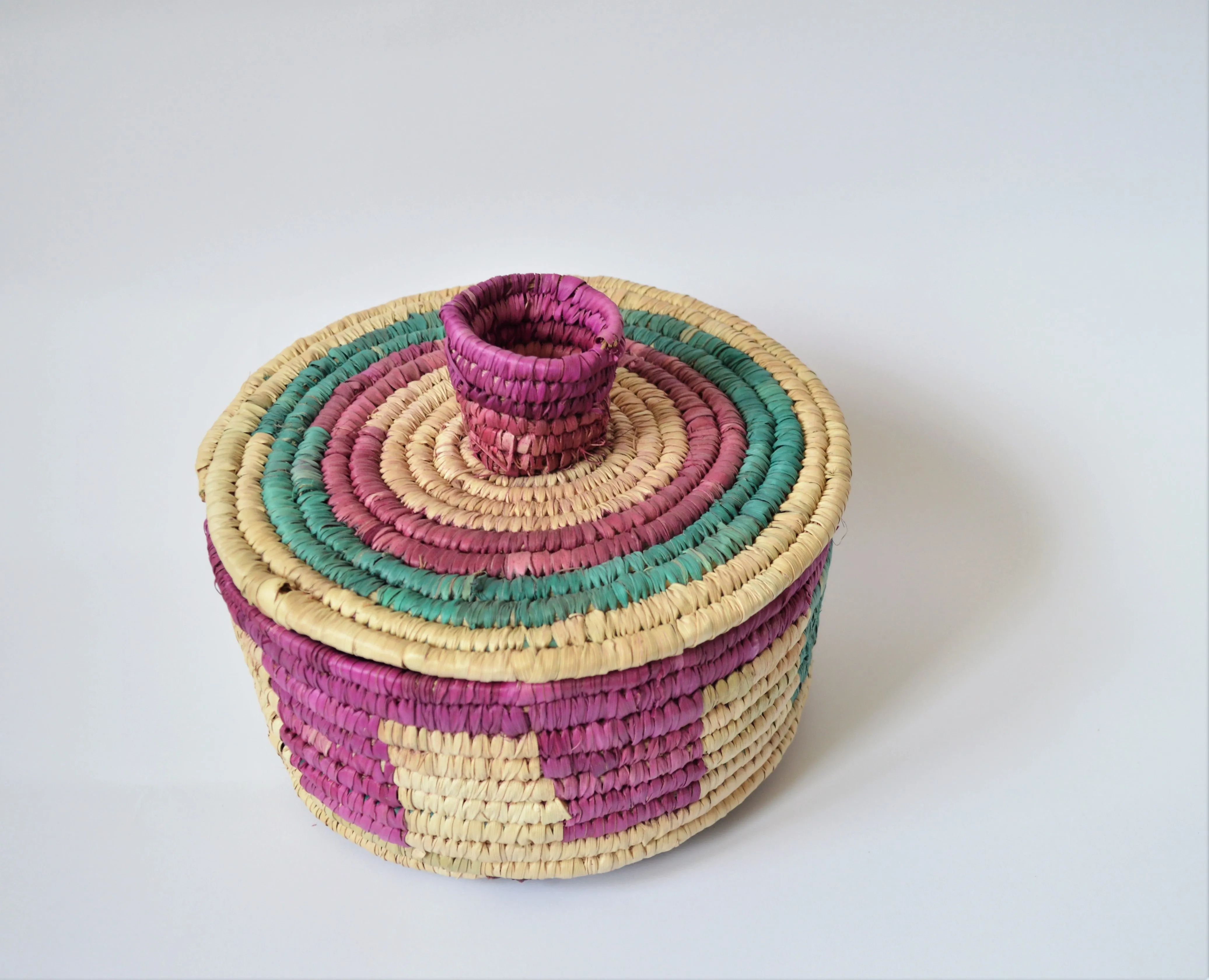 Woven container with lid, Colorful traditional basket