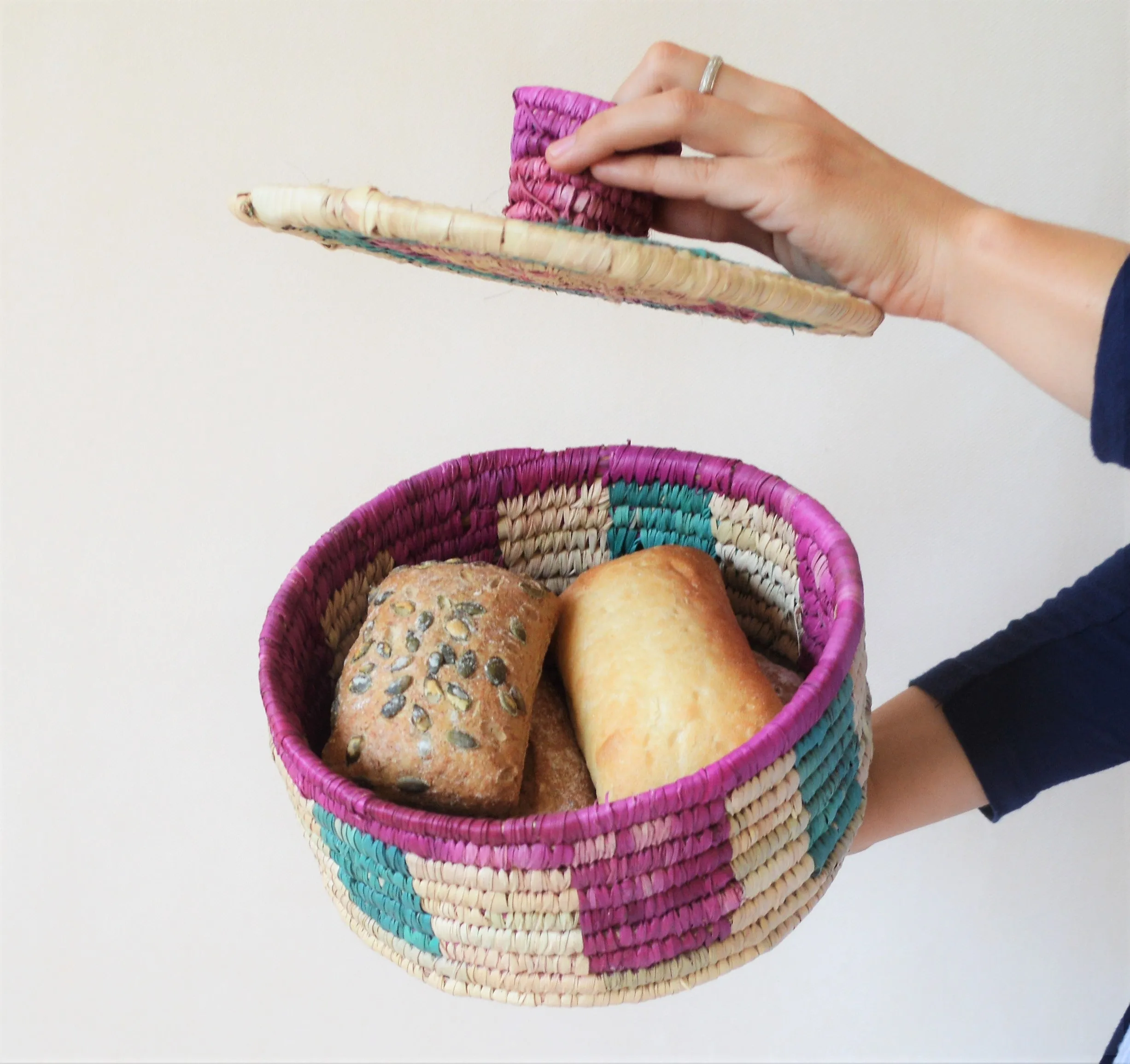 Woven container with lid, Colorful traditional basket