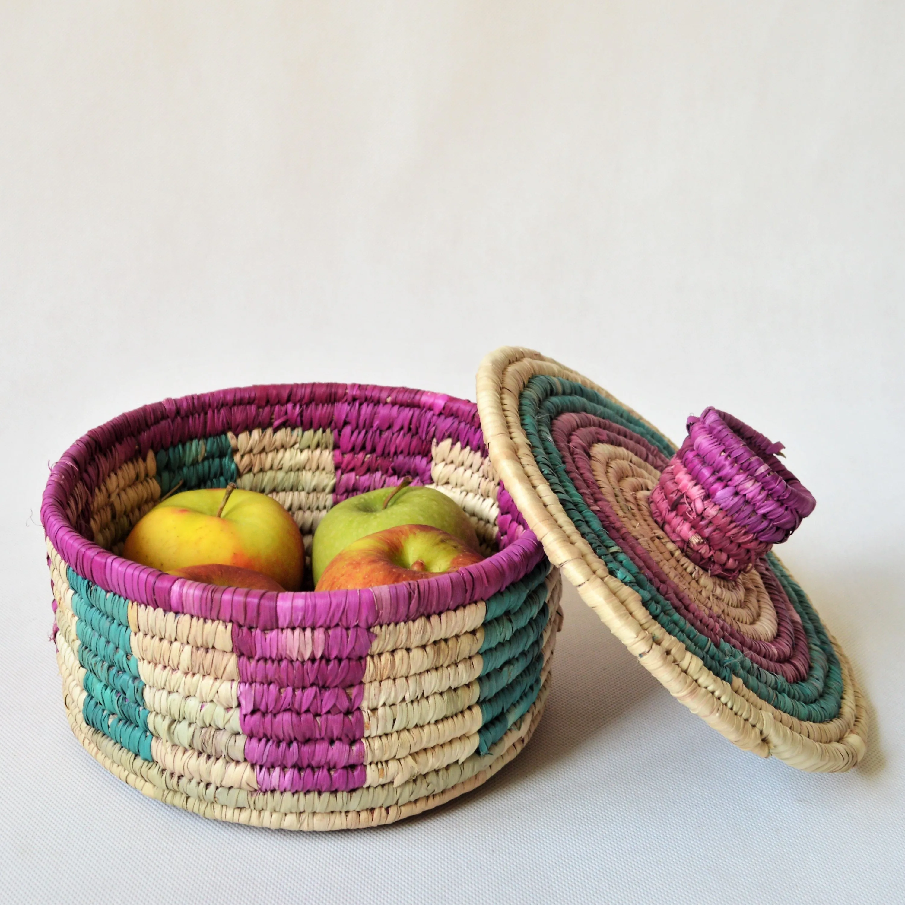 Woven container with lid, Colorful traditional basket