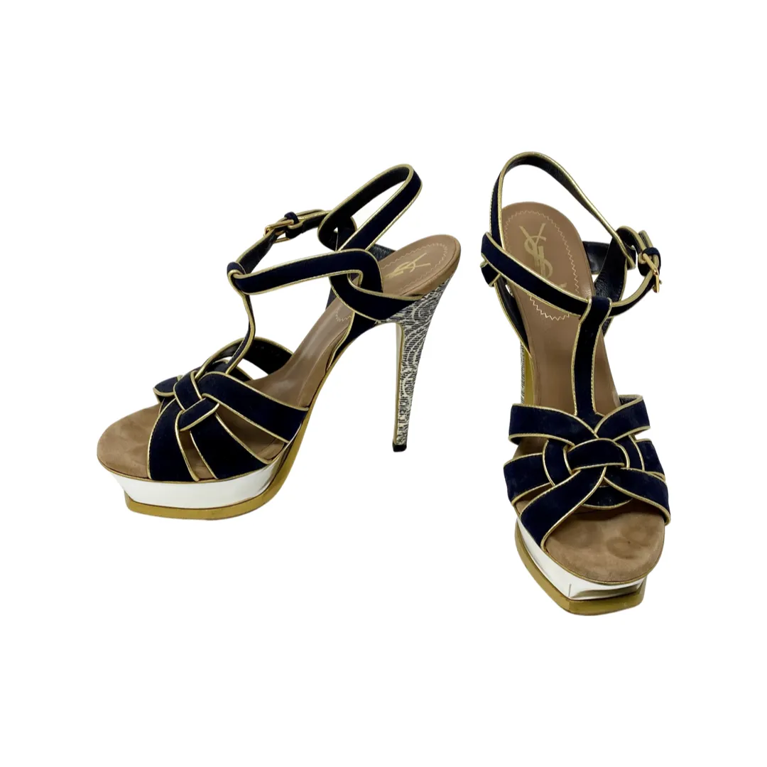 YSL Tribute Navy Suede Gold Silver Platform Heels Size 37.5 | 7