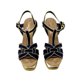 YSL Tribute Navy Suede Gold Silver Platform Heels Size 37.5 | 7