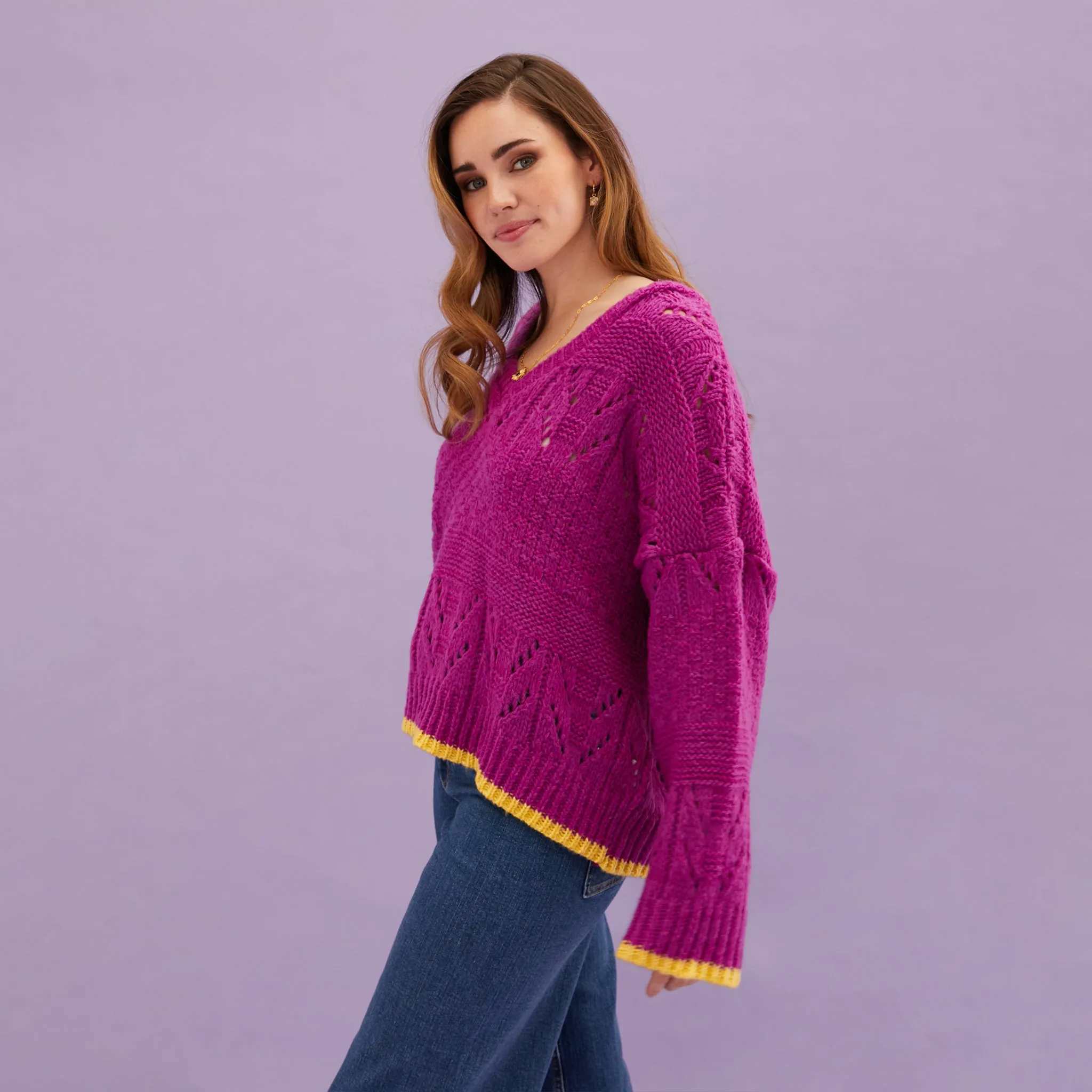 Zoe Pointelle V Neck Wide Sleeve Jumper - Fuchsia