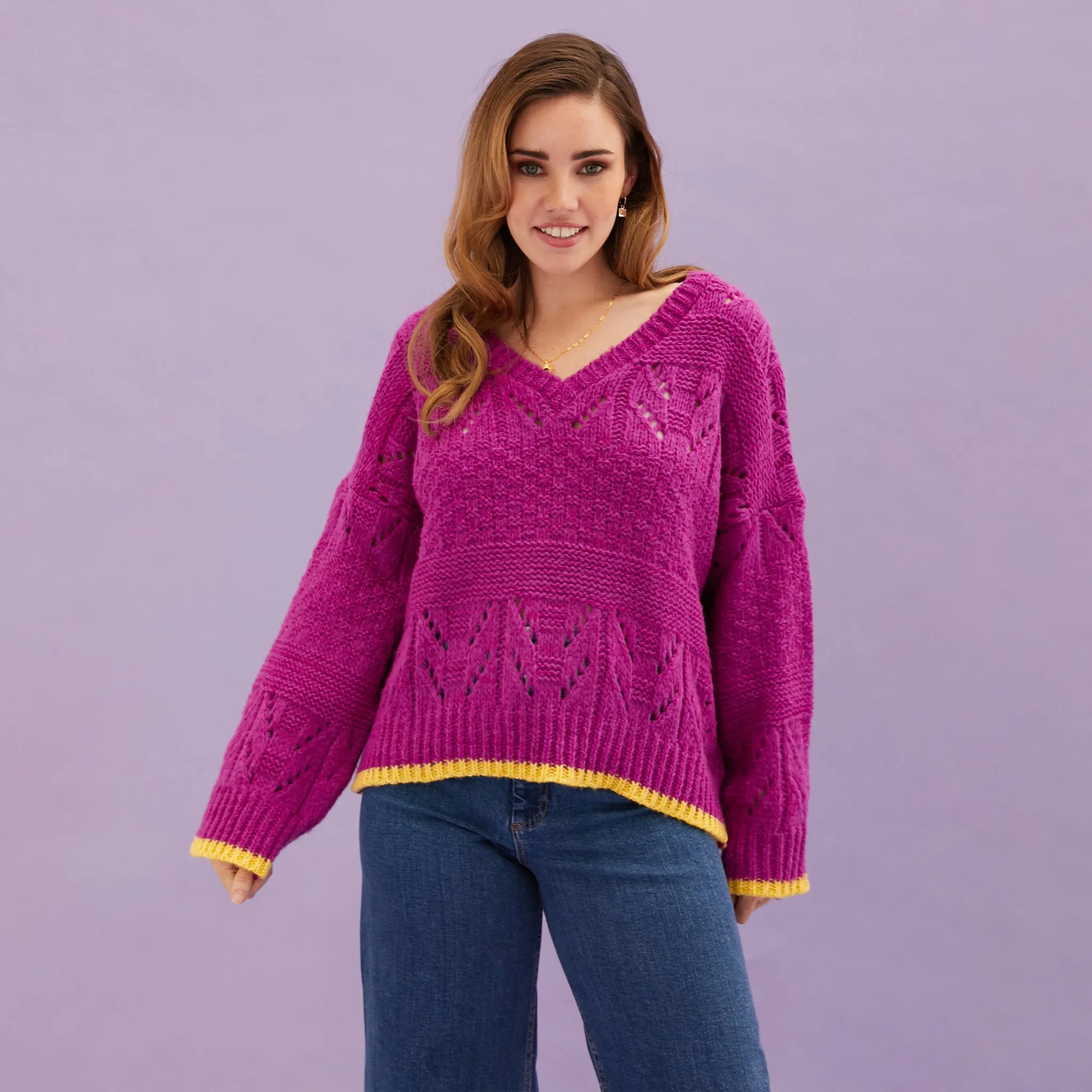 Zoe Pointelle V Neck Wide Sleeve Jumper - Fuchsia