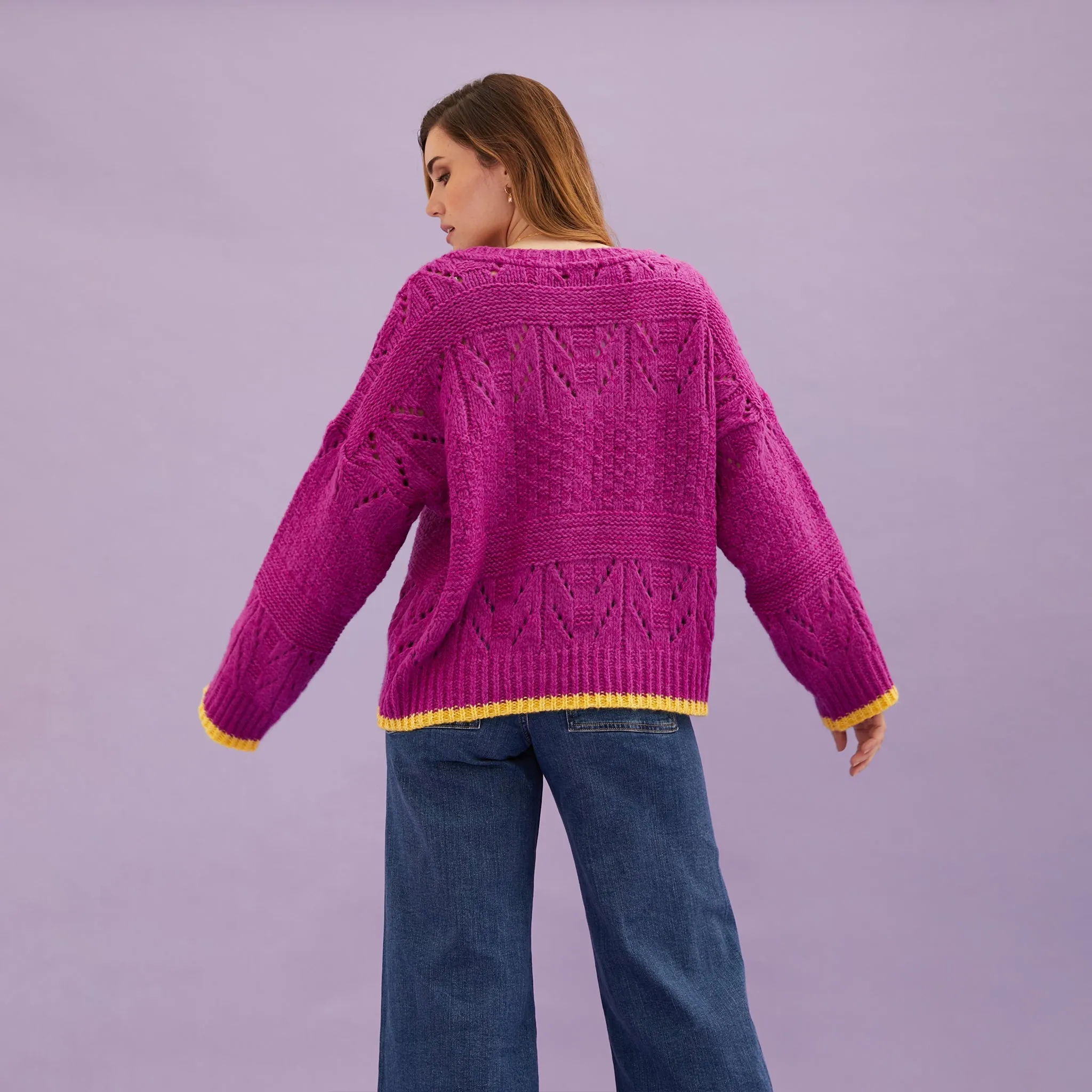 Zoe Pointelle V Neck Wide Sleeve Jumper - Fuchsia